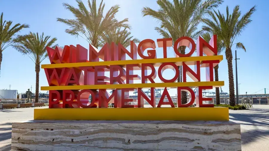 Wilmington Waterfront Promenade sign beside the harbor in Wilmington, Los Angeles