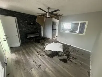 Fallen ceiling material on a wet living room floor after a Wilmington leak