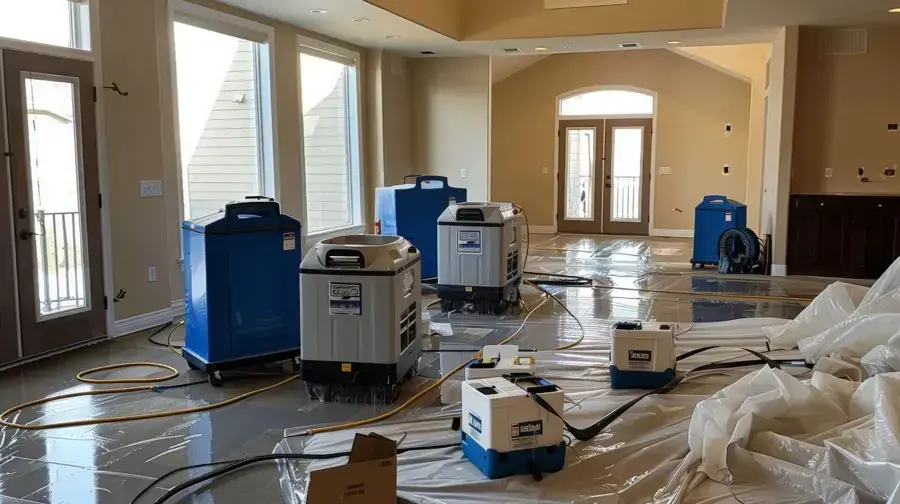 Dehumidifiers and air movers drying a wet living room floor in a Wilmington home