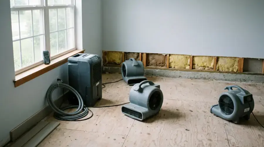 Air movers and a dehumidifier in an emptied Rolling Hills Estates room with lower drywall removed