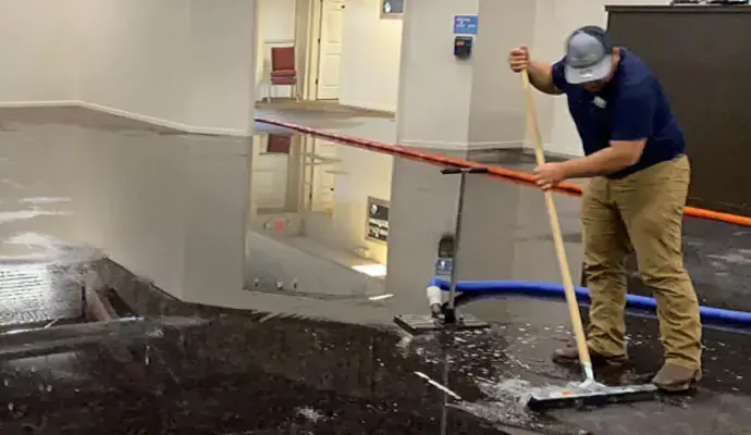 Technician pushing water toward an extraction hose in a flooded office lobby in Wilmington