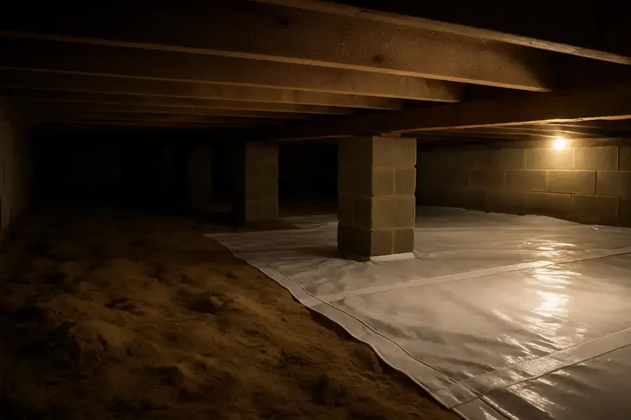 Block piers and a plastic vapor barrier in the crawl space under a raised-floor Wilmington house