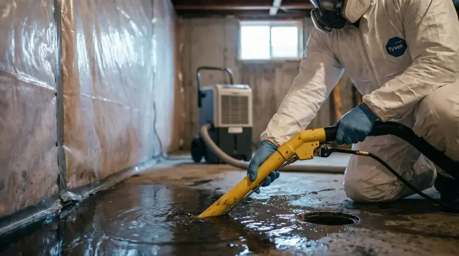 Technician in a protective suit extracting a sewage backup at a floor drain in Wilmington