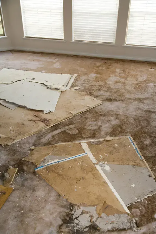 Floor tiles lifted to expose a wet concrete slab during a slab leak dry-out in Wilmington