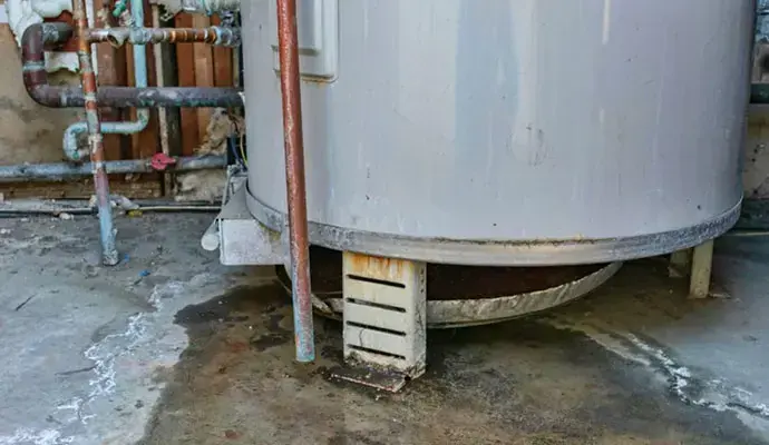 Water pooling on the floor around the base of a leaking water heater tank in Wilmington
